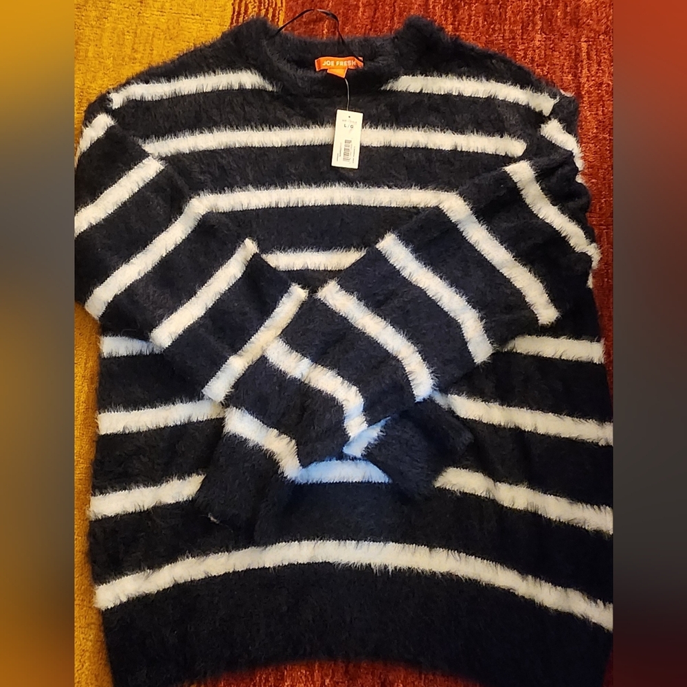 Joe Fresh Fuzzy Striped Sweater in Navy and White